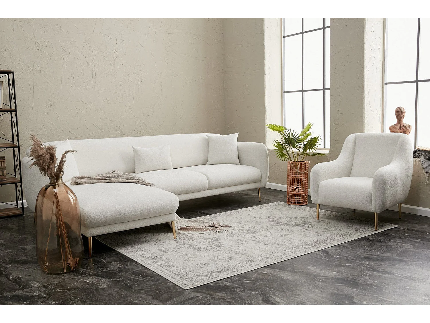 Converteerbare hoekbank in stof en gouden poten Birka 266 cm-Kleur Wit-linkerhoek