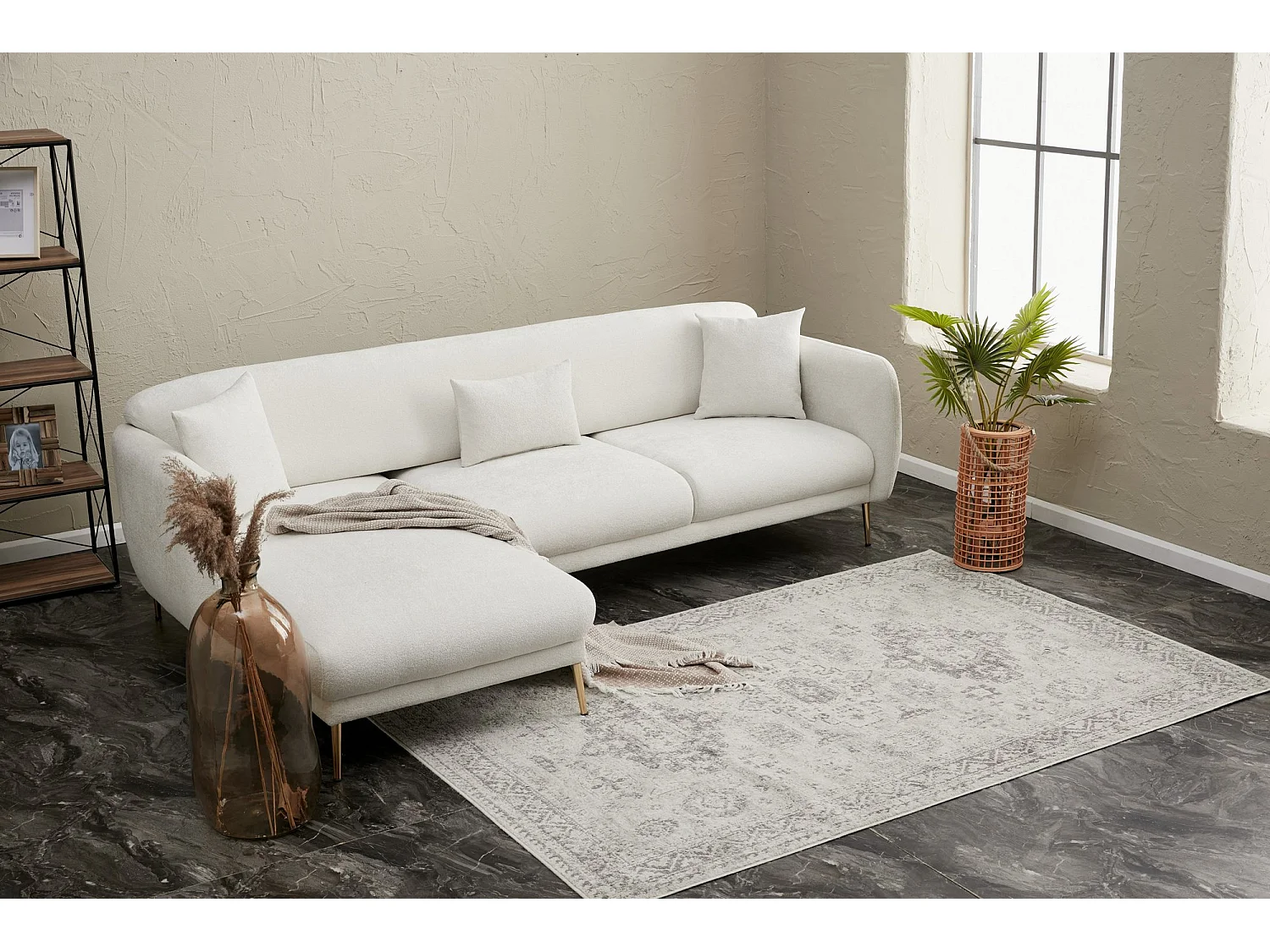 Converteerbare hoekbank in stof en gouden poten Birka 266 cm-Kleur Wit-linkerhoek