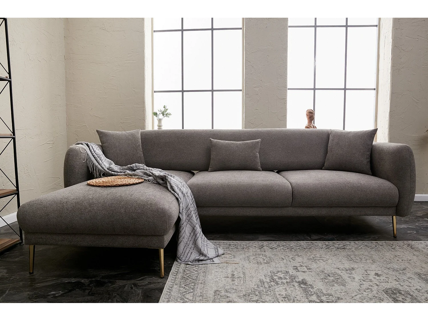 Canapé d'angle à gauche convertible pied doré Juanita Tissu Gris