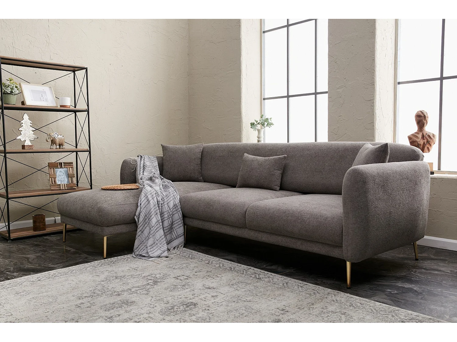 Canapé d'angle à gauche convertible pied doré Juanita Tissu Gris