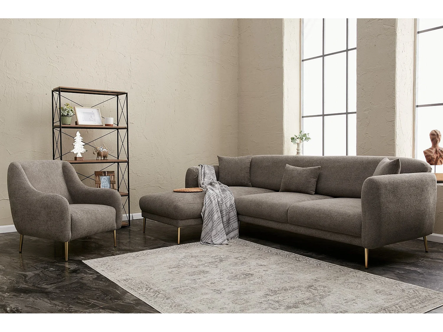 Converteerbare hoekbank in stof en gouden poten Birka 266 cm-Kleur Grijs-linkerhoek