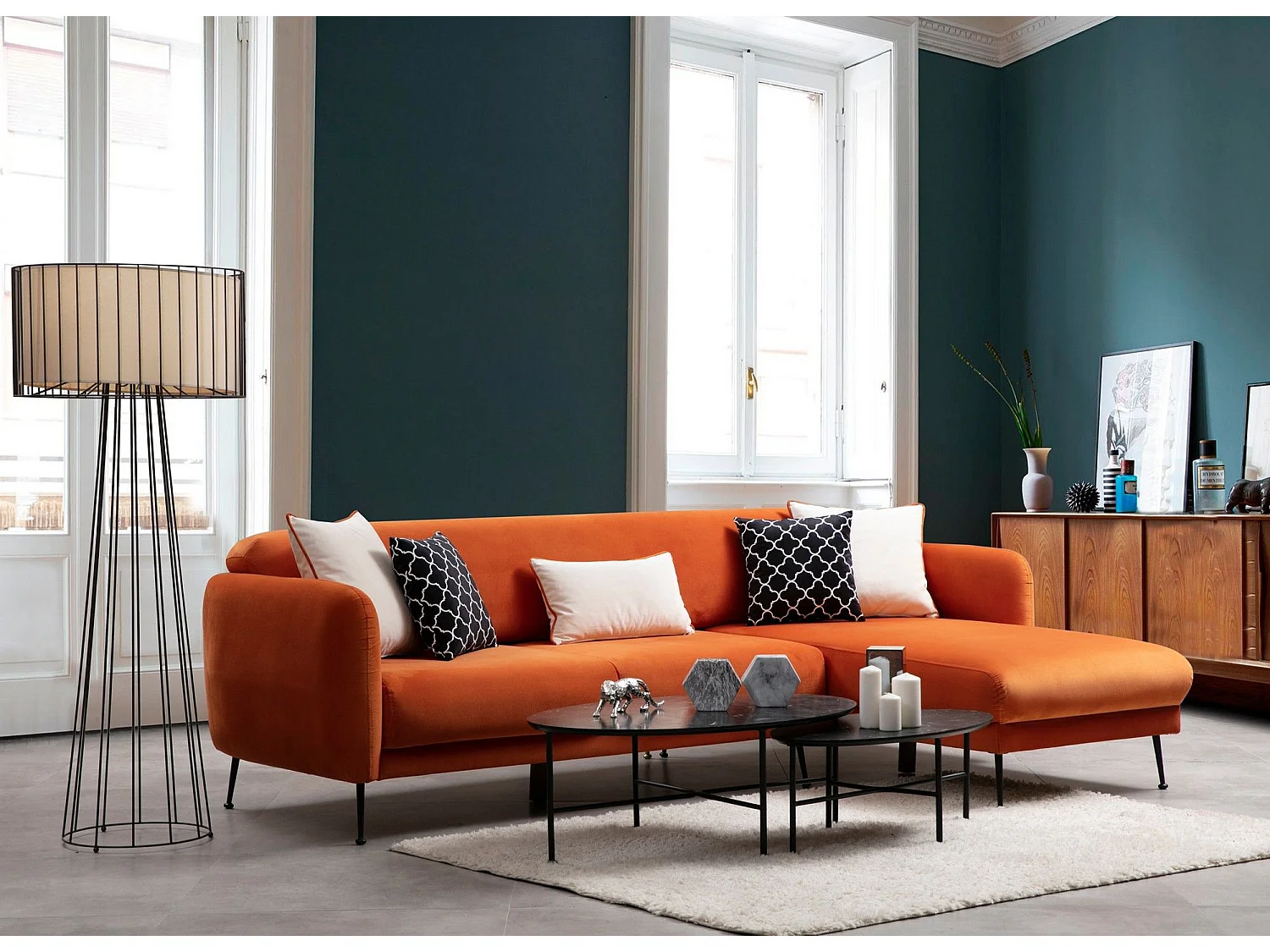 Canapé d'angle à droite convertible avec 3 coussins Vesna Velours Orange