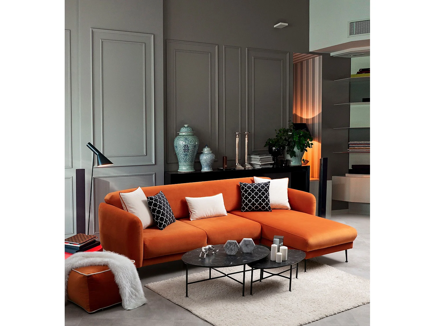 Canapé d'angle à droite convertible avec 3 coussins Vesna Velours Orange