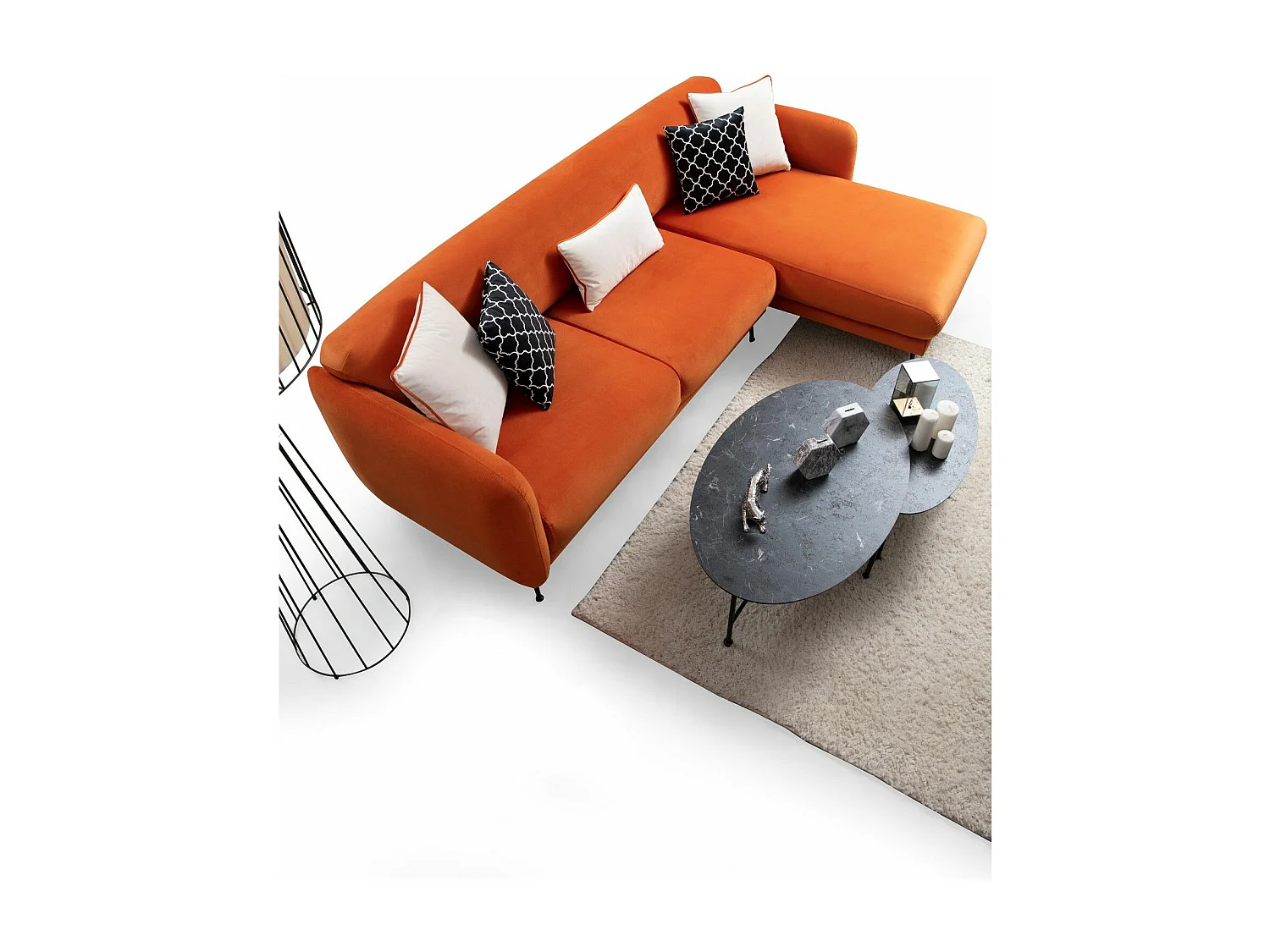 Canapé d'angle à droite convertible avec 3 coussins Vesna Velours Orange