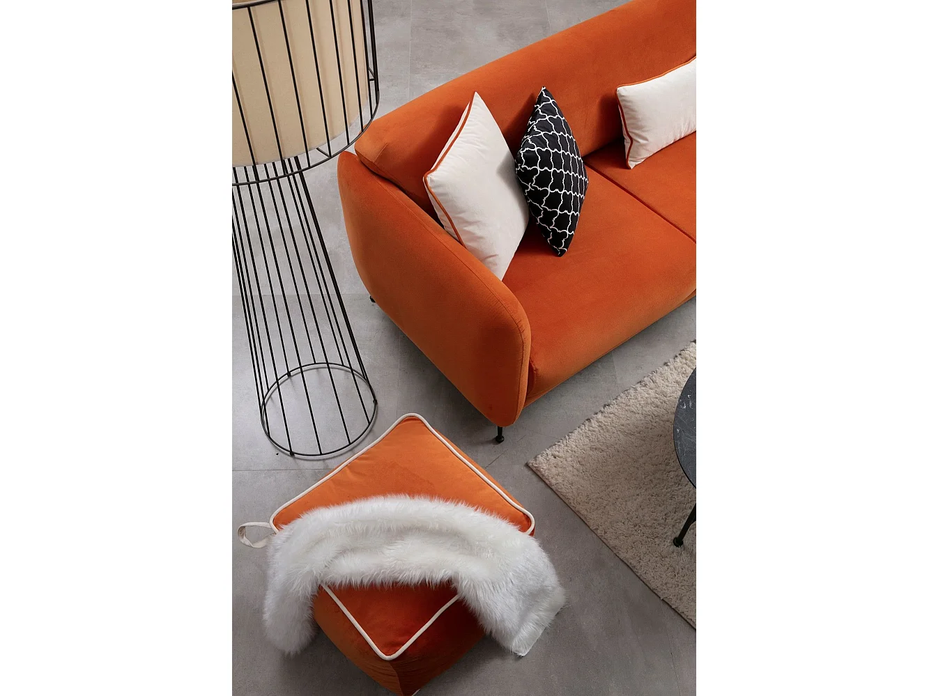 Canapé d'angle à droite convertible avec 3 coussins Vesna Velours Orange