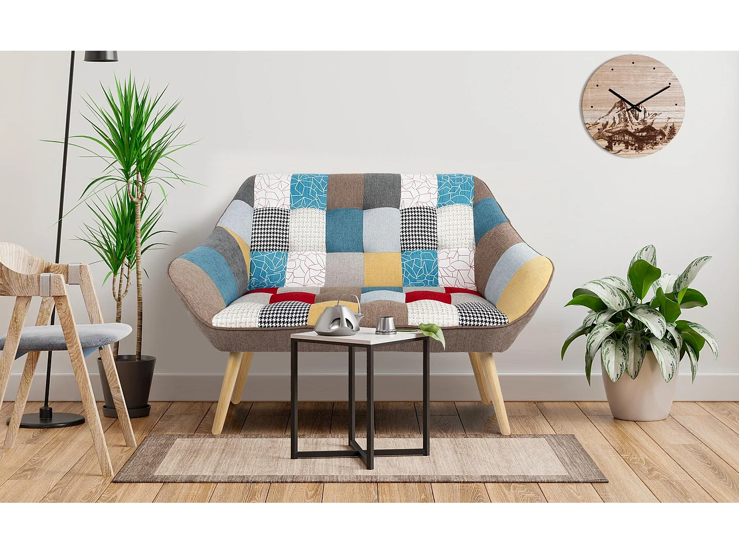 Canapé 2 places Scandinave Zentao effet patchwork Tissu Multicolore