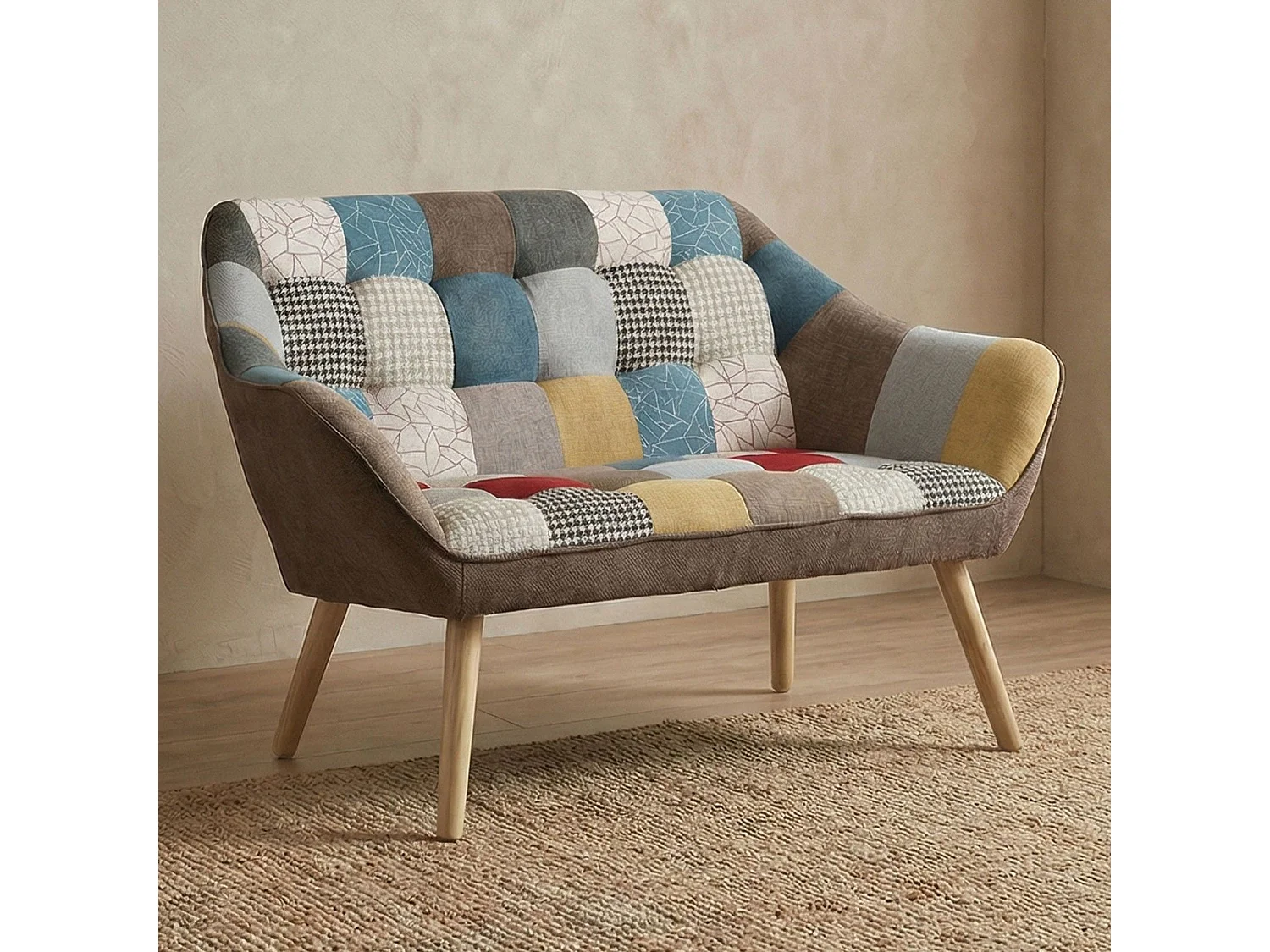 Canapé 2 places Scandinave Zentao effet patchwork Tissu Multicolore