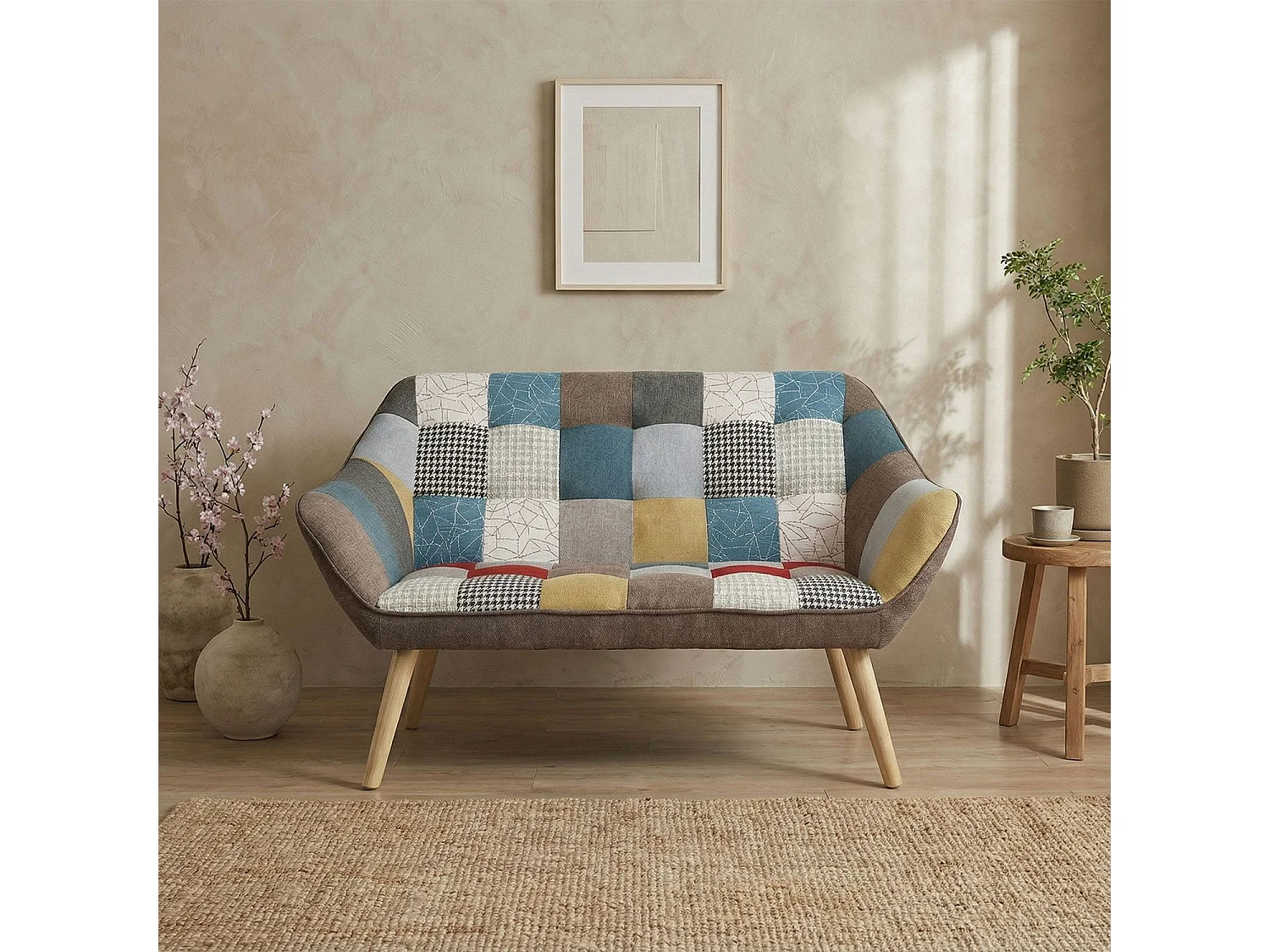 Canapé 2 places Scandinave Zentao effet patchwork Tissu Multicolore