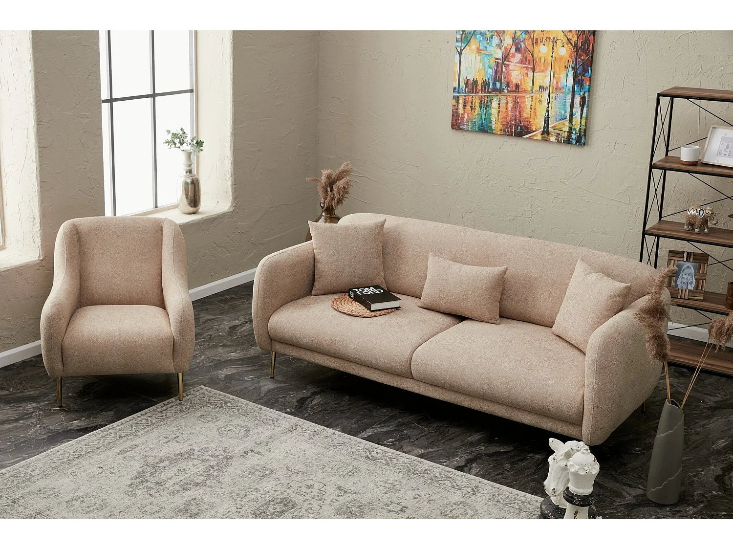 Canapé 3 places convertible pied doré Juanita Tissu Beige