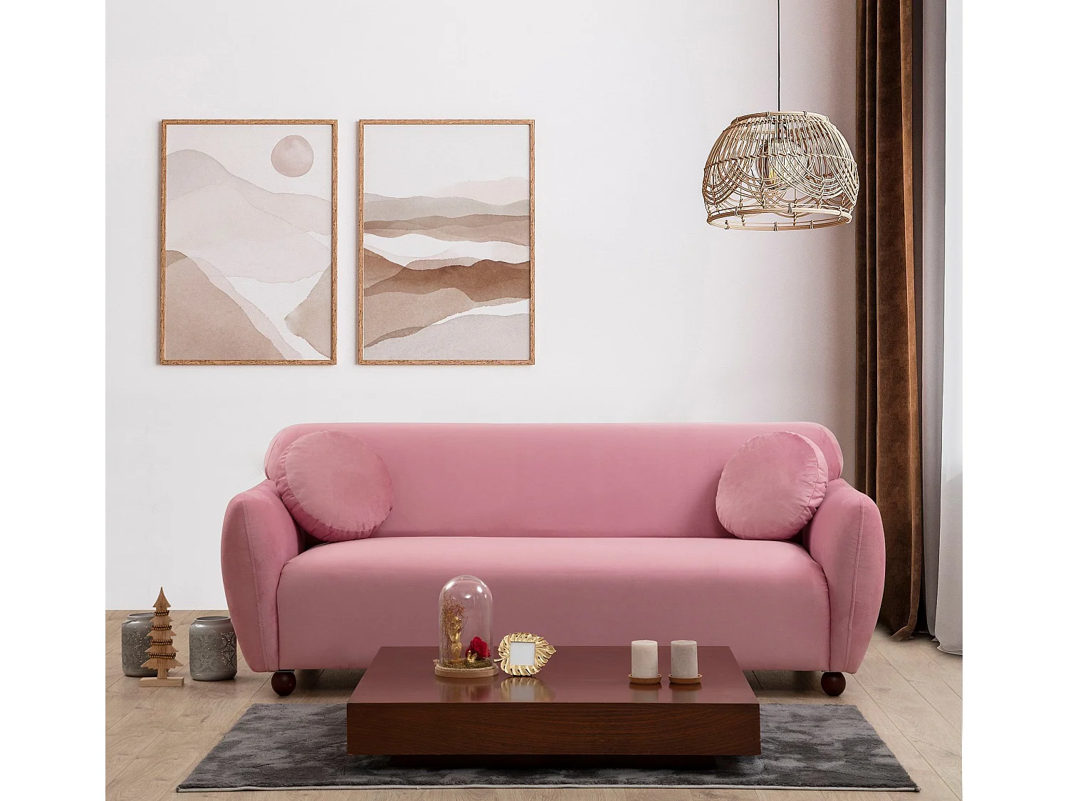 Canapé 3 places avec 2 coussins Irek Tissu Rose