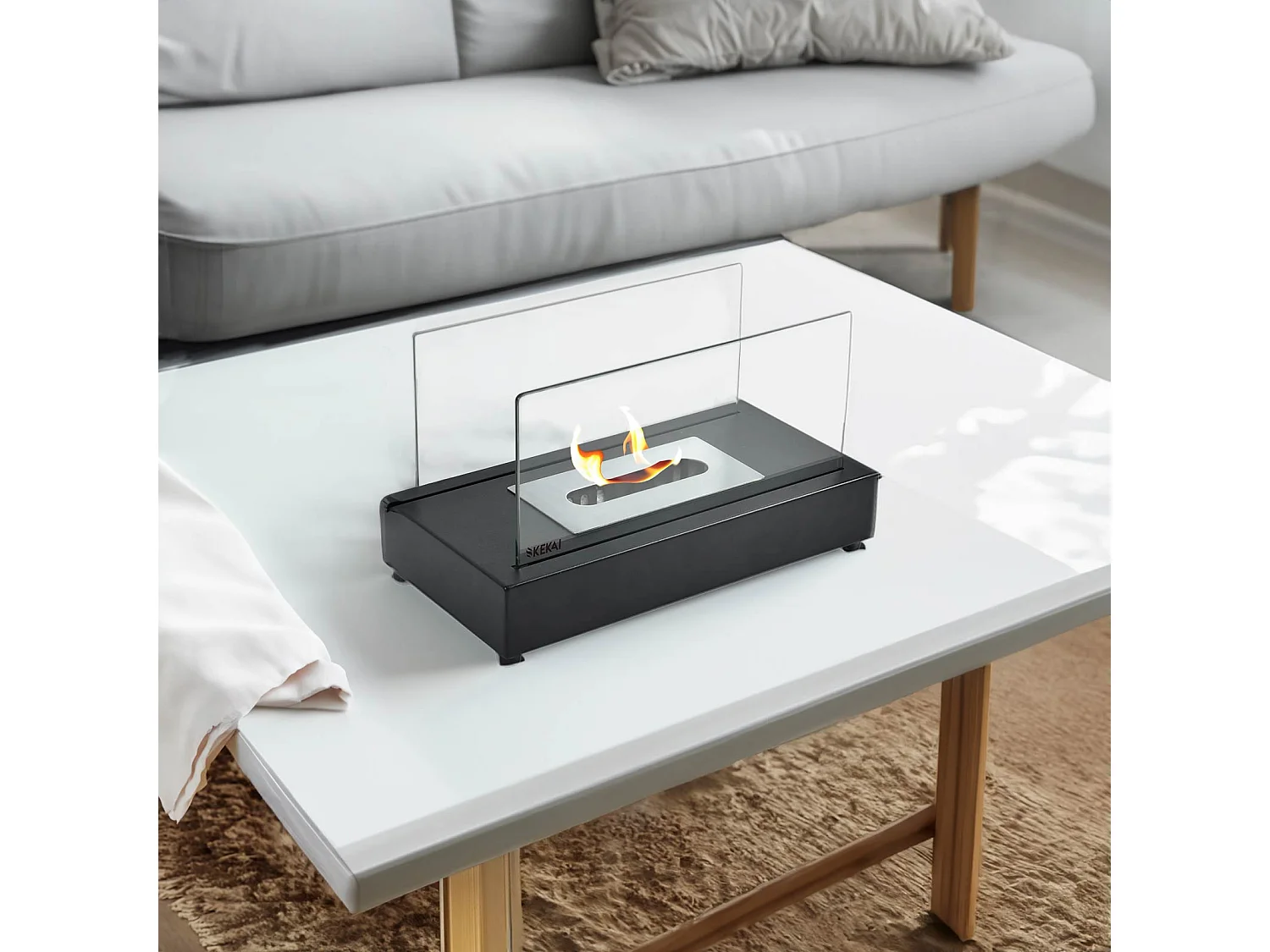 Cheminée Bioéthanol de Table Kekai Etna 35,5x18x20,5cm Brûleur en Acier Inoxydable, Verre Trempé et Étouffoir