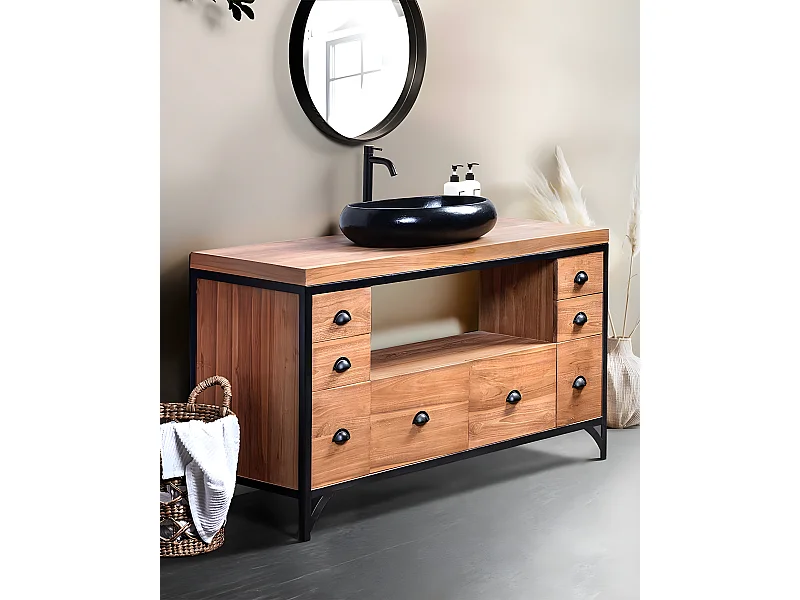 Jazz - Meuble salle de bain industriel en teck et métal 145 cm