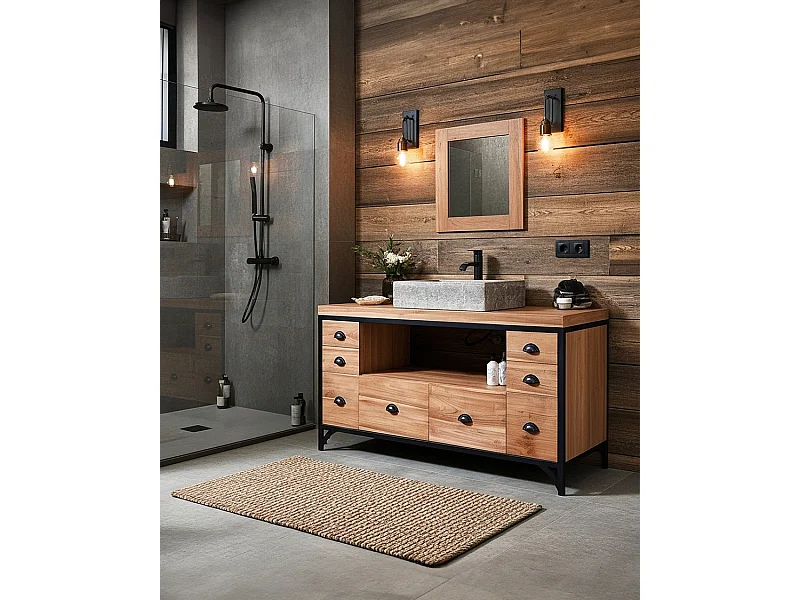 Jazz - Meuble salle de bain industriel en teck et métal 145 cm