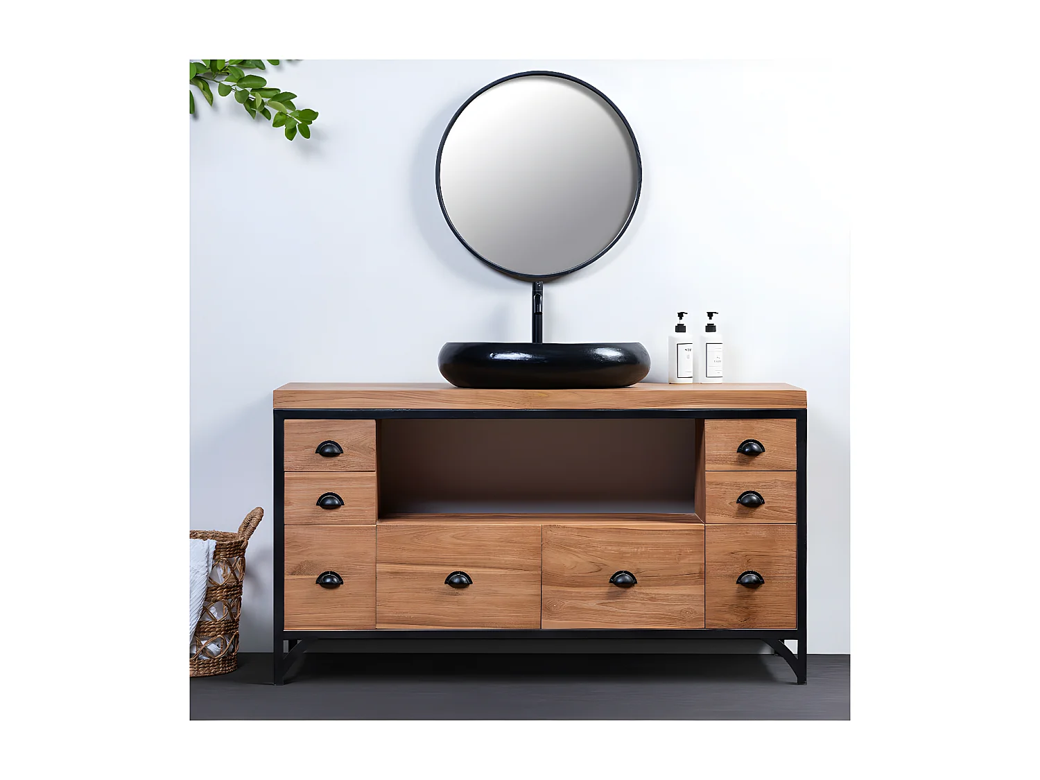 Jazz - Meuble salle de bain industriel en teck et métal 145 cm