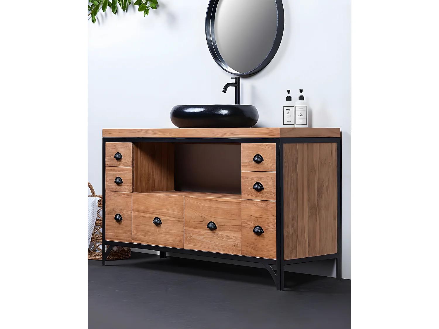 Jazz - Meuble salle de bain industriel en teck et métal 145 cm