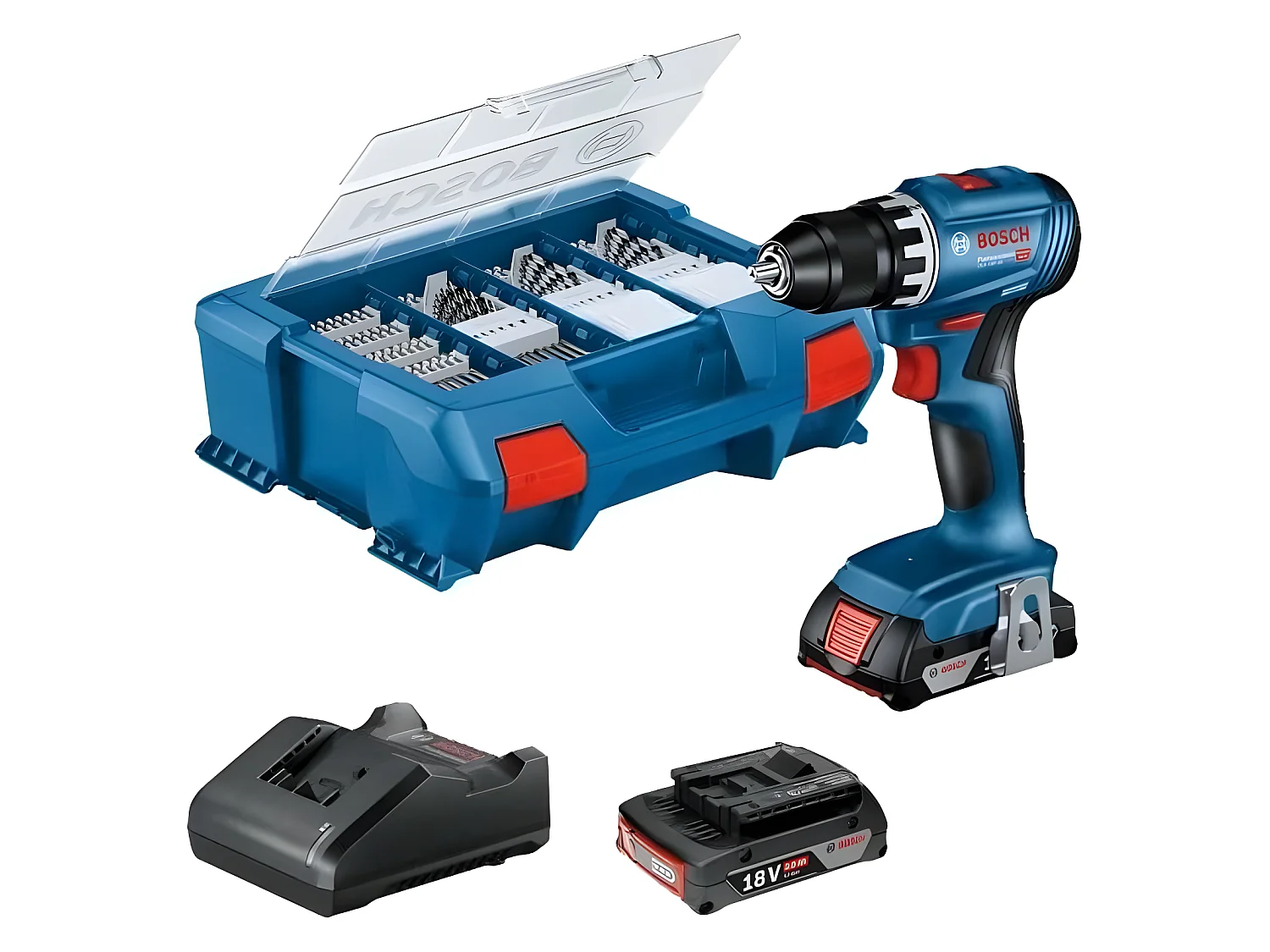 Perceuse-visseuse Bosch professional GSR 18V + 2 batteries 2,0Ah + chargeur + 82 pieces, en L-Case