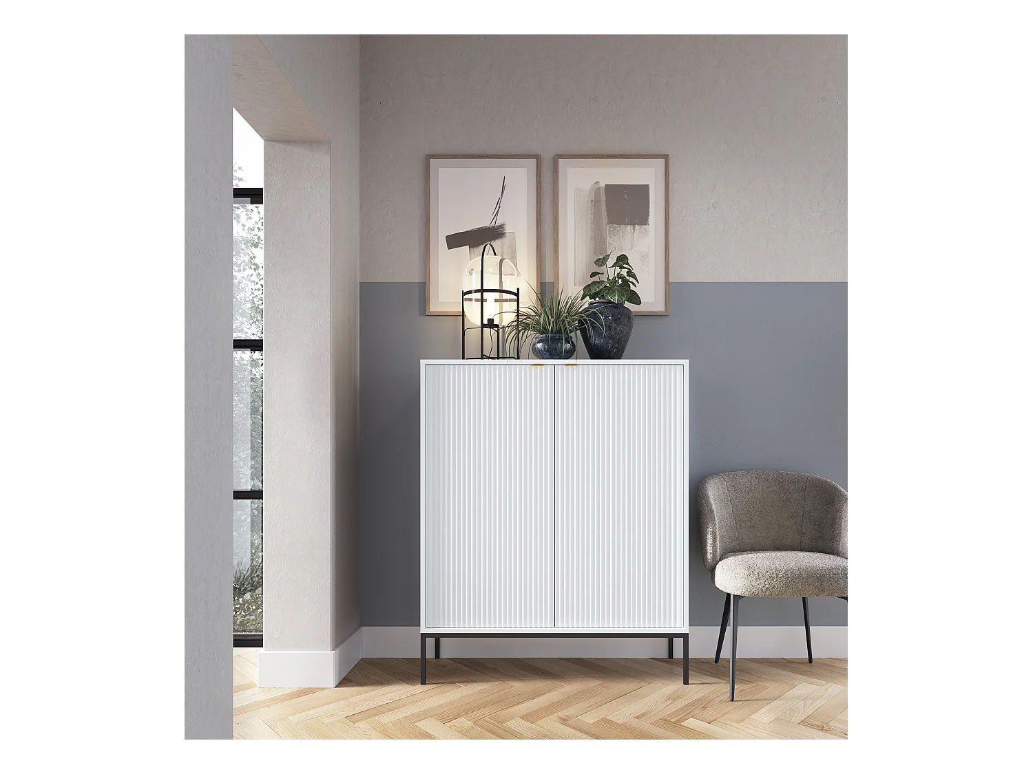Commode haute à deux portes - 104 cm - blanc avec pieds noires - VELLORE