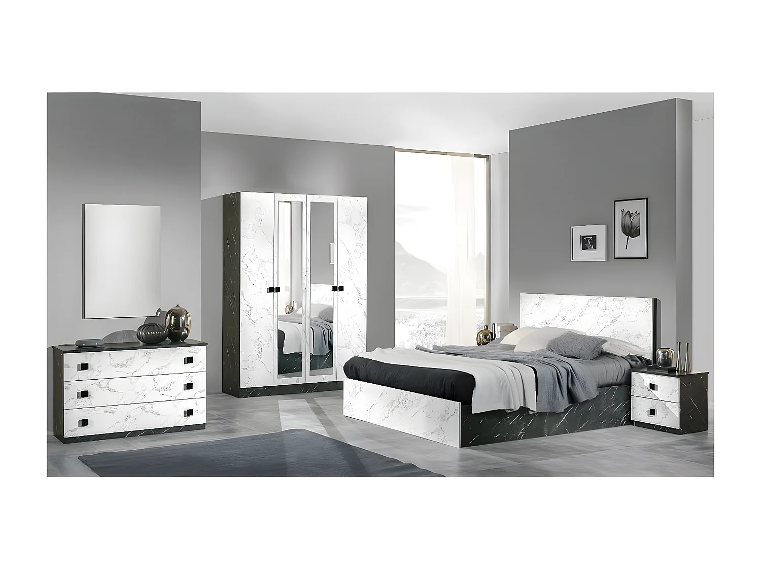 RAKHAM - Chevet 2 Tiroirs Effet Marbre Blanc