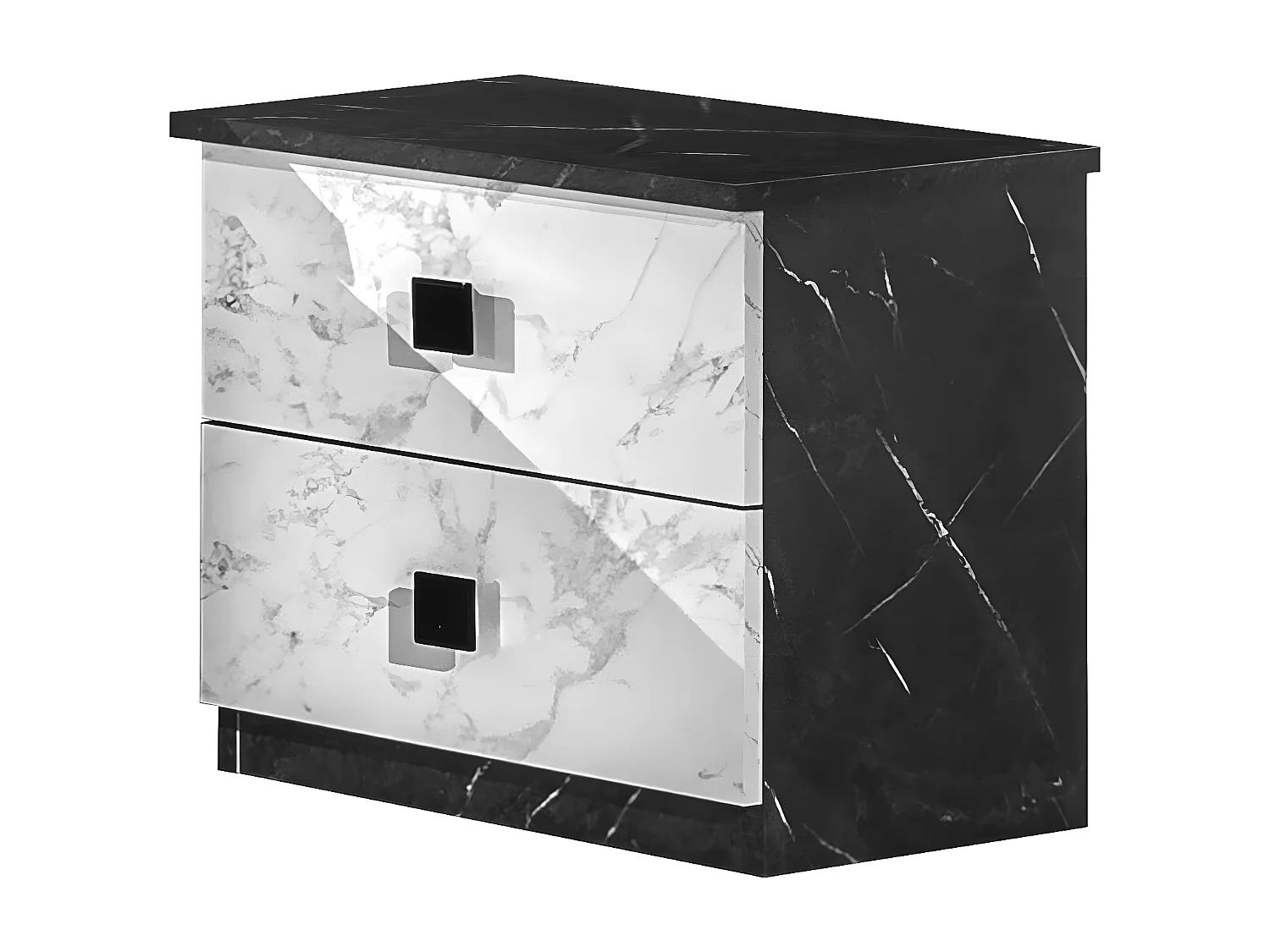 RAKHAM - Chevet 2 Tiroirs Effet Marbre Blanc