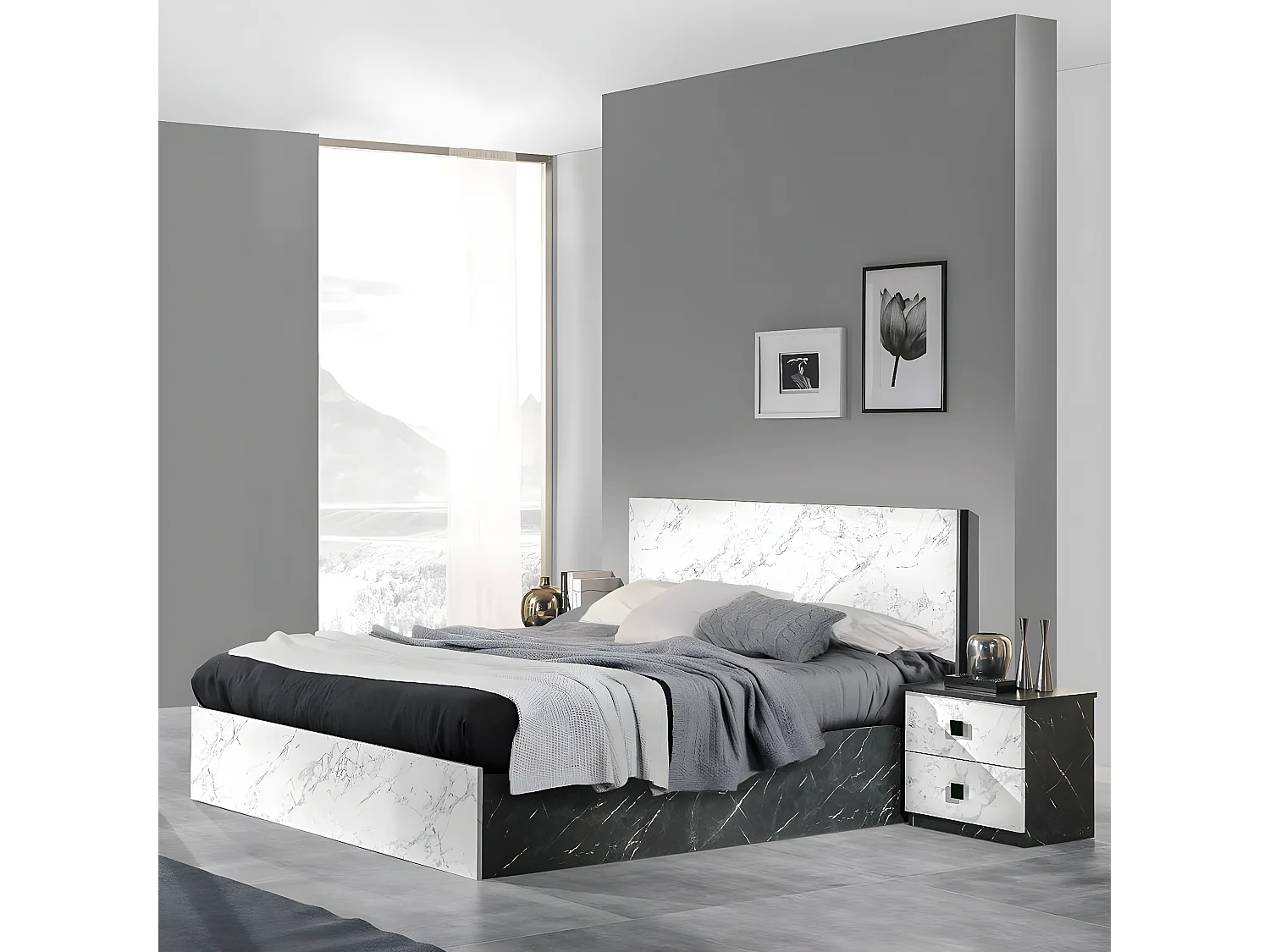 RAKHAM - Chevet 2 Tiroirs Effet Marbre Blanc