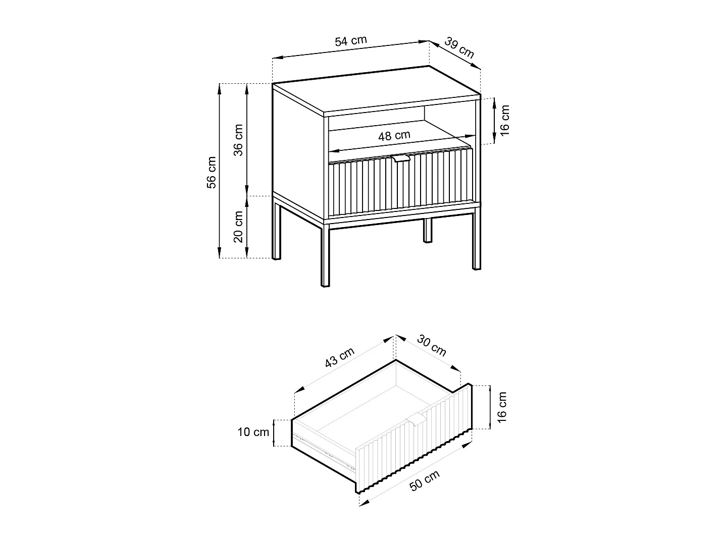 Table de chevet - 54 cm - blanc avec pieds noires - VELLORE