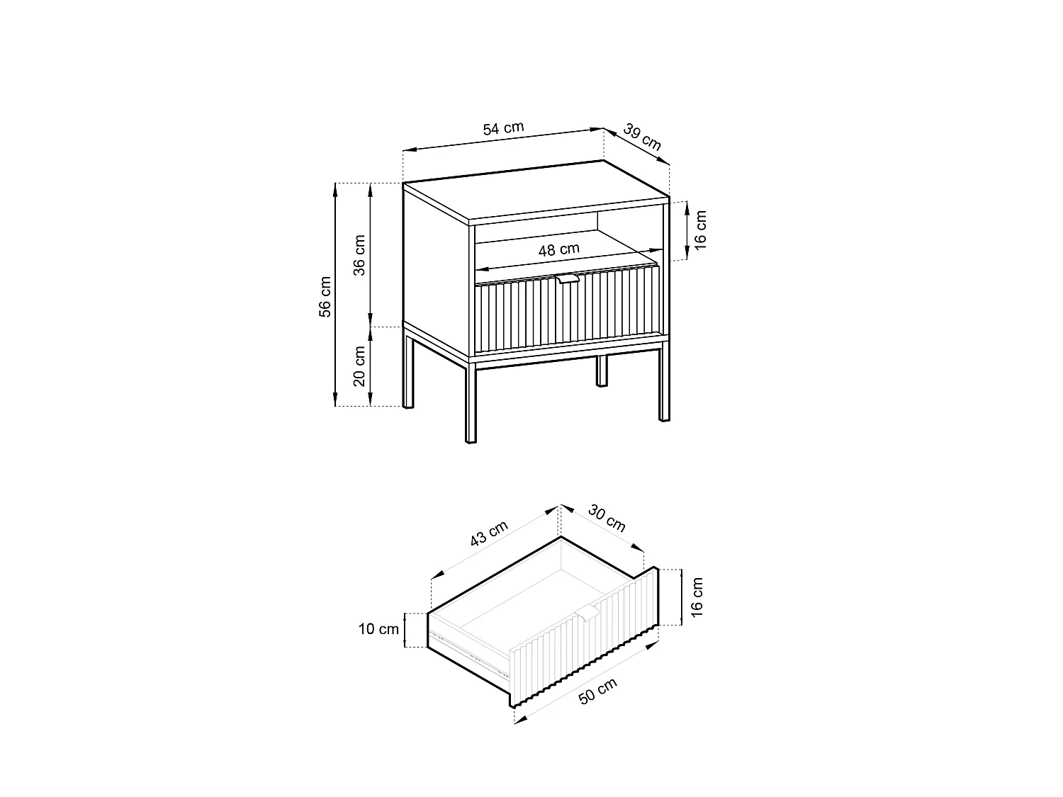Table de chevet - 54 cm - noir avec pieds noires - VELLORE