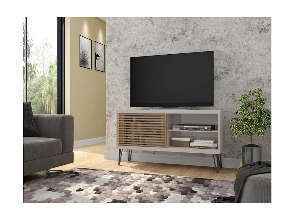 Meuble TV 50 Pouces Blanc et Chêne 1 Porte 3 Niches Pieds Métal L 120 H 65 P 33 cm