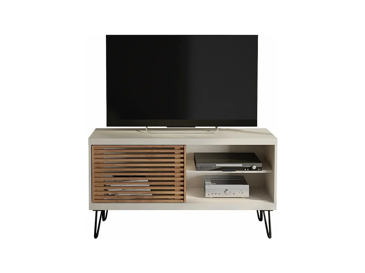 Meuble TV 50 Pouces Blanc et Chêne 1 Porte 3 Niches Pieds Métal L 120 H 65 P 33 cm