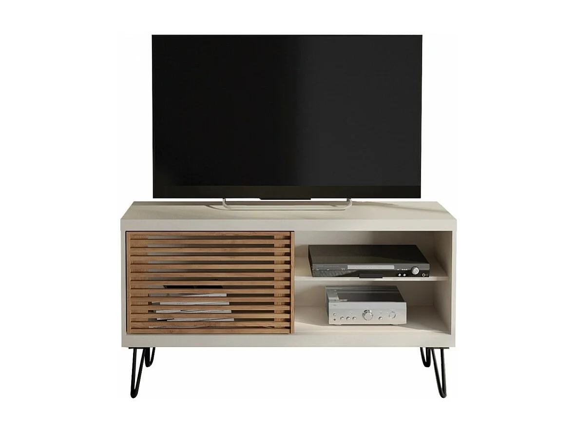 Meuble TV 50 Pouces Blanc et Chêne 1 Porte 3 Niches Pieds Métal L 120 H 65 P 33 cm