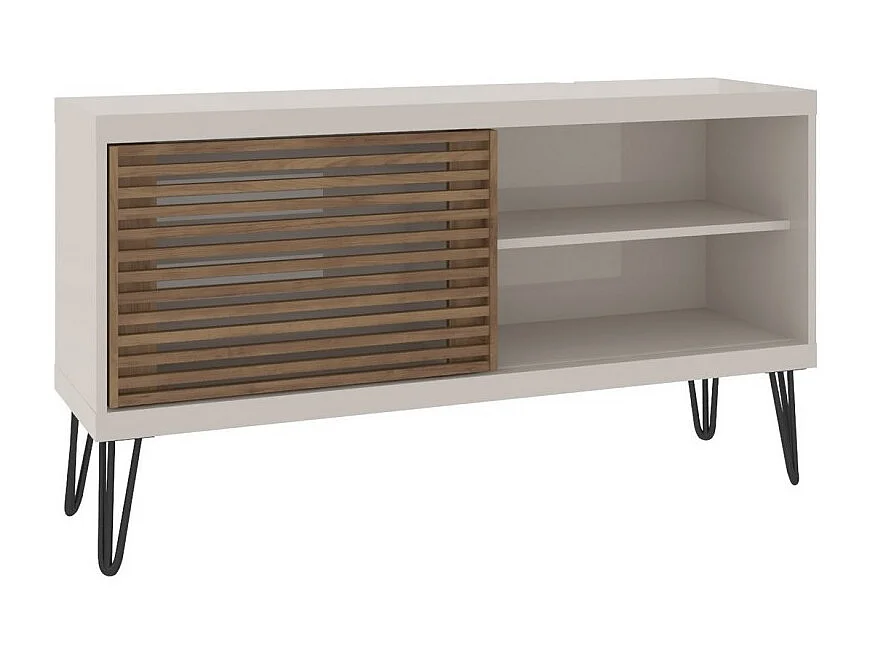 Meuble TV 50 Pouces Blanc et Chêne 1 Porte 3 Niches Pieds Métal L 120 H 65 P 33 cm