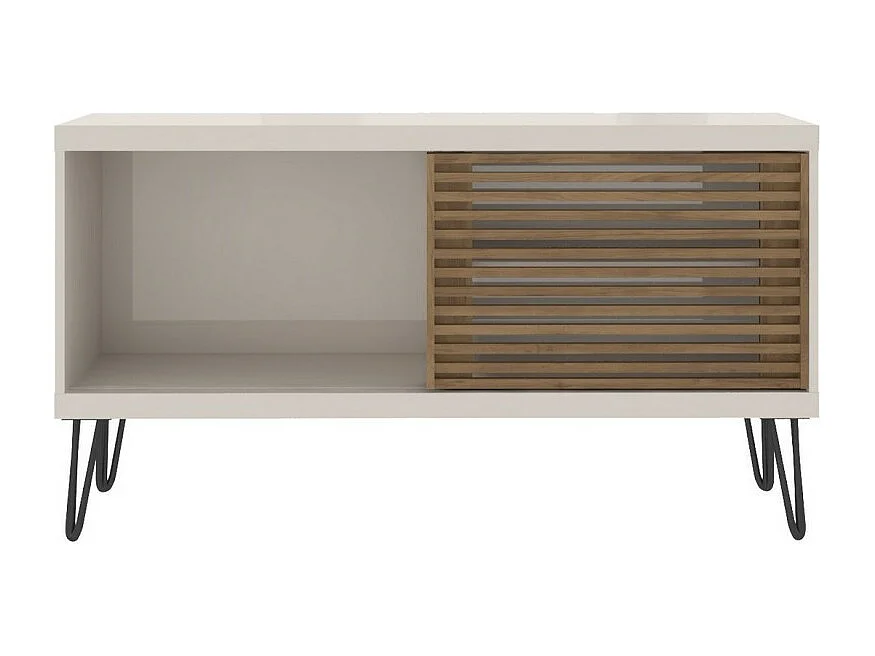 Meuble TV 50 Pouces Blanc et Chêne 1 Porte 3 Niches Pieds Métal L 120 H 65 P 33 cm