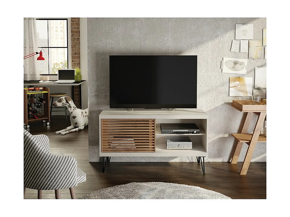 Meuble TV 50 Pouces Blanc et Chêne 1 Porte 3 Niches Pieds Métal L 120 H 65 P 33 cm