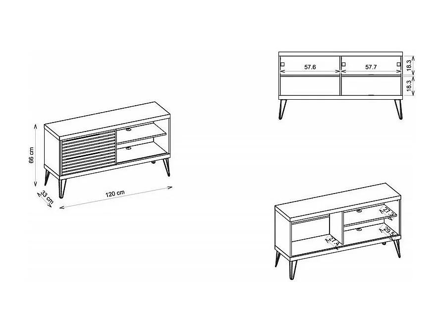 Meuble TV 50 Pouces Blanc et Chêne 1 Porte 3 Niches Pieds Métal L 120 H 65 P 33 cm