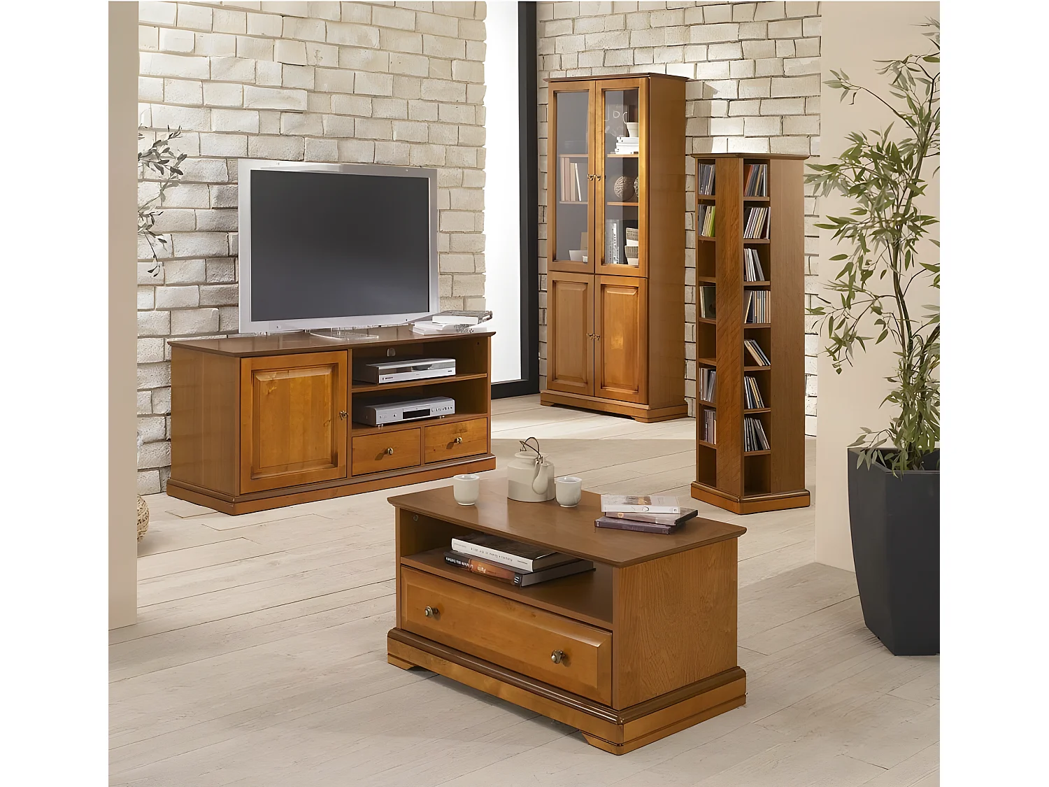 Meuble TV Merisier 60 Pouces 1 Porte 2 Tiroirs L 134.9 H 58.7 P 46.5 cm