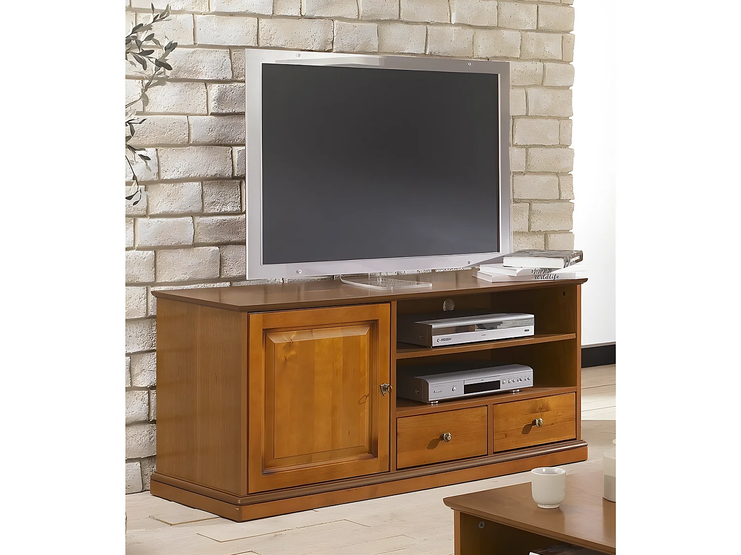 Meuble TV Merisier 60 Pouces 1 Porte 2 Tiroirs L 134.9 H 58.7 P 46.5 cm