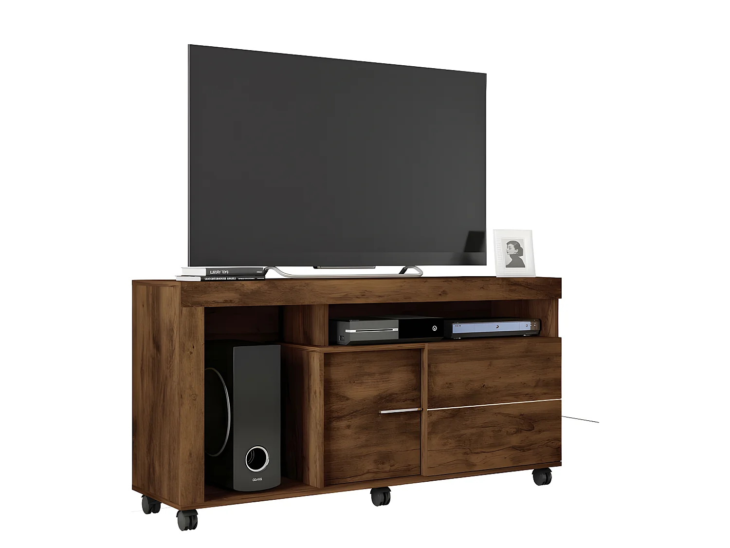 Meuble TV 55 Pouces Maxi Noyer 4 Niches Roulettes