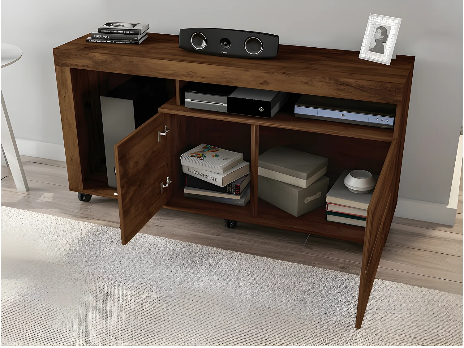 Meuble TV 55 Pouces Maxi Noyer 4 Niches Roulettes