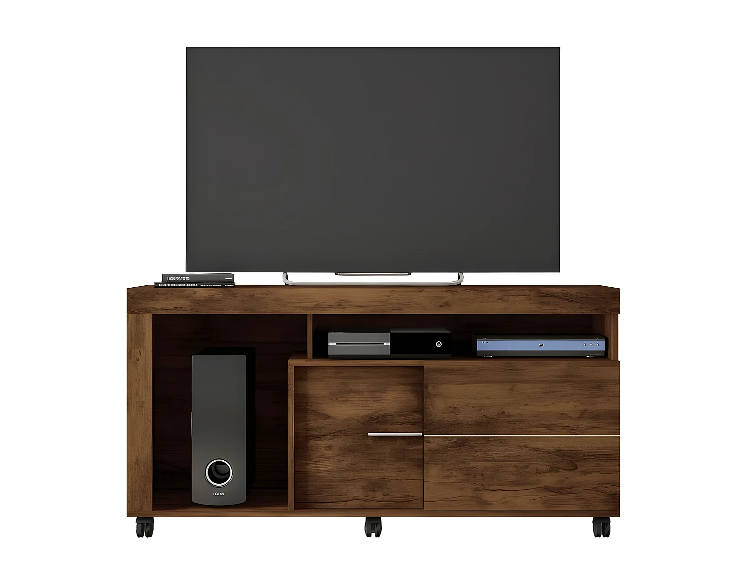 Meuble TV 55 Pouces Maxi Noyer 4 Niches Roulettes