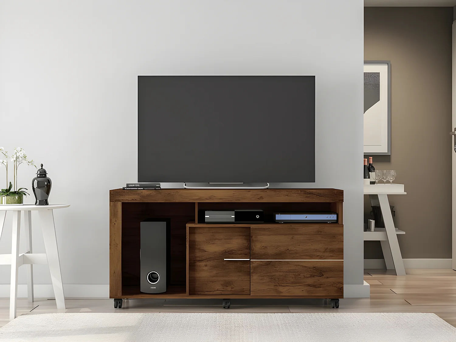 Meuble TV 55 Pouces Maxi Noyer 4 Niches Roulettes