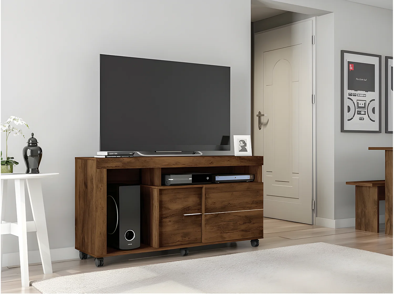 Meuble TV 55 Pouces Maxi Noyer 4 Niches Roulettes