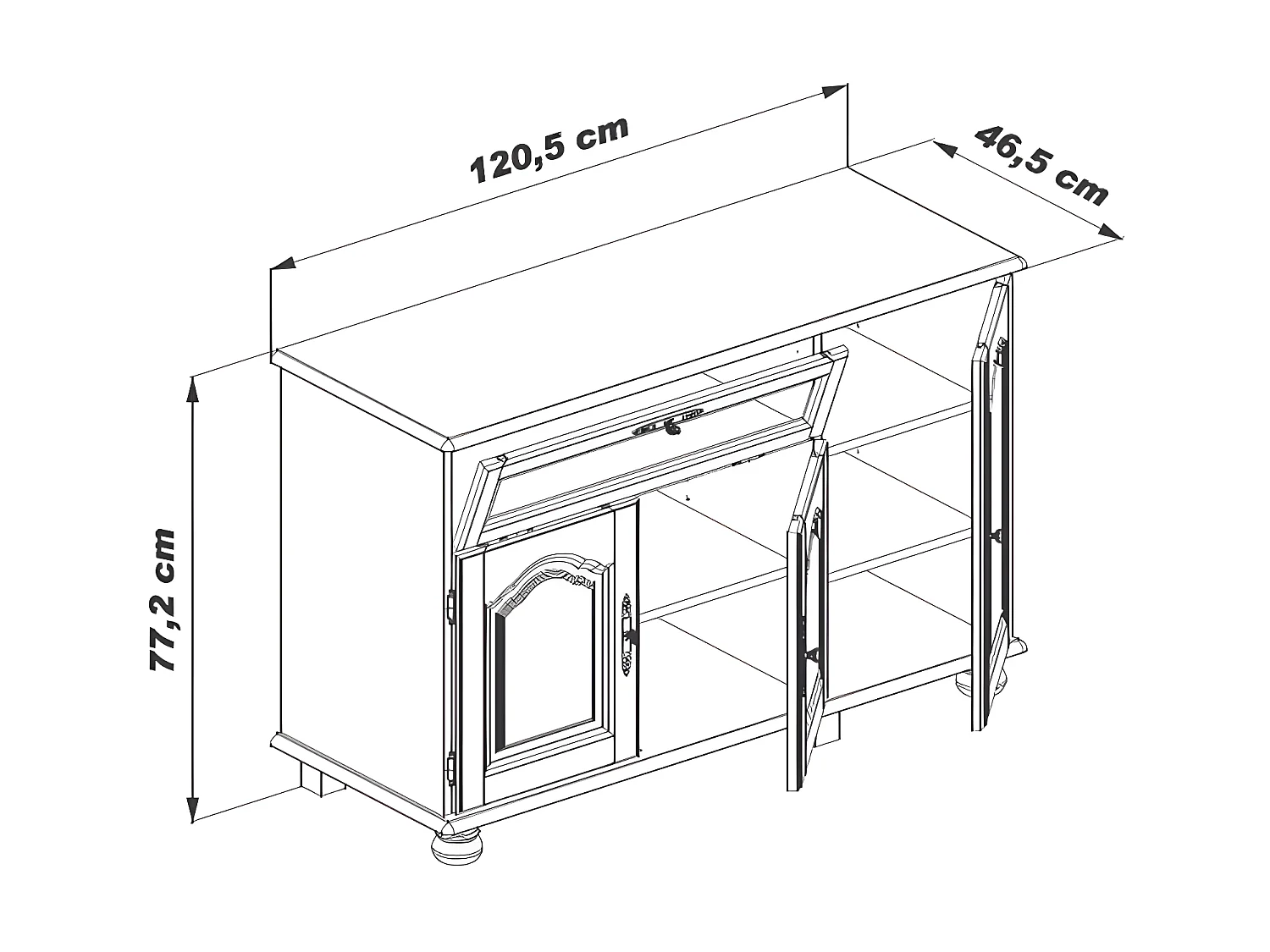Meuble TV 55 Pouces Chêne 3 Portes 1 Abattant 6 Niches L120.6 H 77 P 46.5 cm