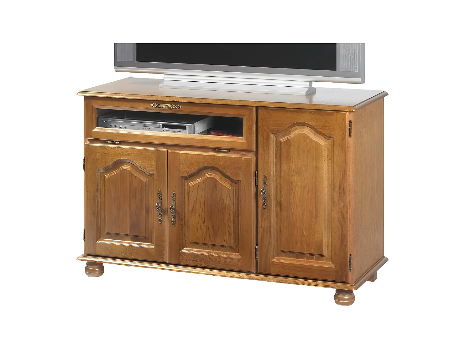 Meuble TV 55 Pouces Chêne 3 Portes 1 Abattant 6 Niches L120.6 H 77 P 46.5 cm
