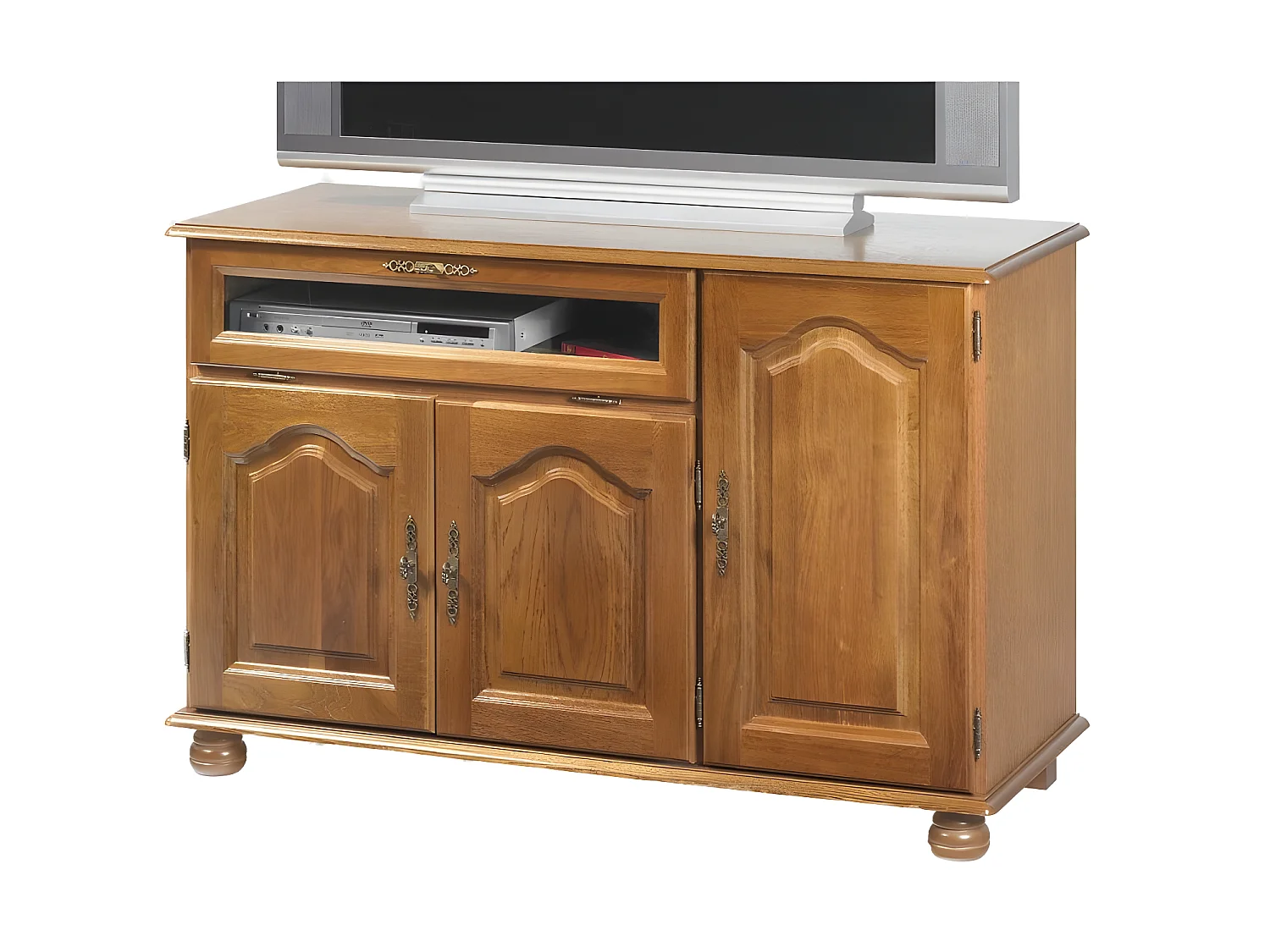 Meuble TV 55 Pouces Chêne 3 Portes 1 Abattant 6 Niches L120.6 H 77 P 46.5 cm