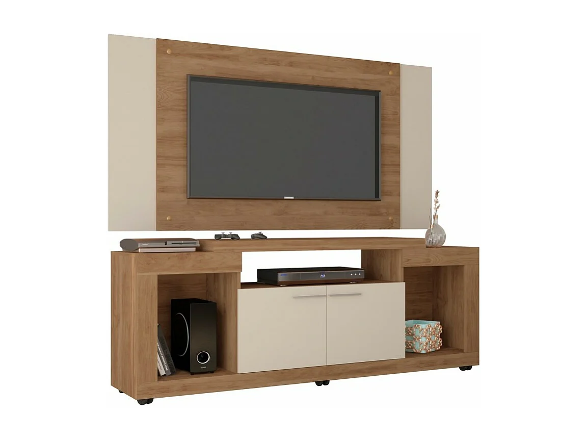 Meuble TV Mural 55 Pouces Chêne et Ecru 7 Niches L 173 H 160.5 P 38.5 cm