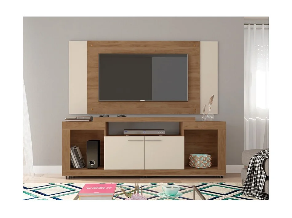 Meuble TV Mural 55 Pouces Chêne et Ecru 7 Niches L 173 H 160.5 P 38.5 cm