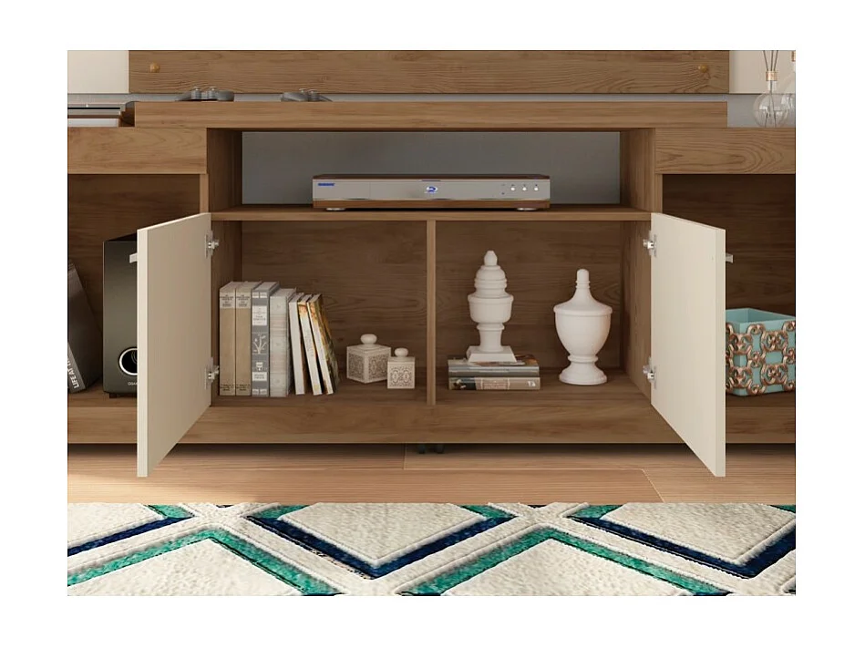 Meuble TV Mural 55 Pouces Chêne et Ecru 7 Niches L 173 H 160.5 P 38.5 cm