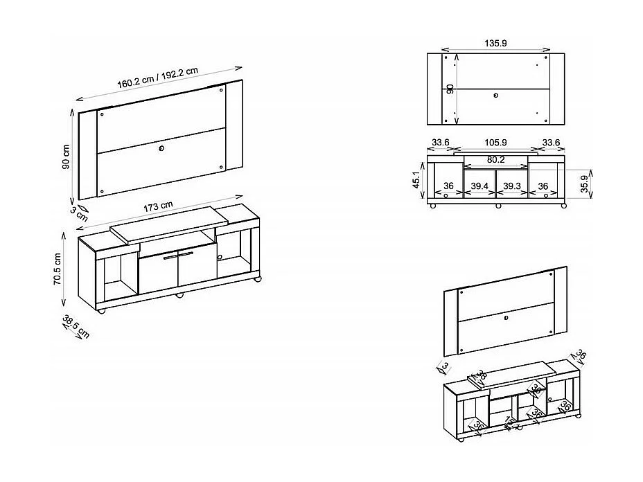 Meuble TV Mural 55 Pouces Chêne et Ecru 7 Niches L 173 H 160.5 P 38.5 cm
