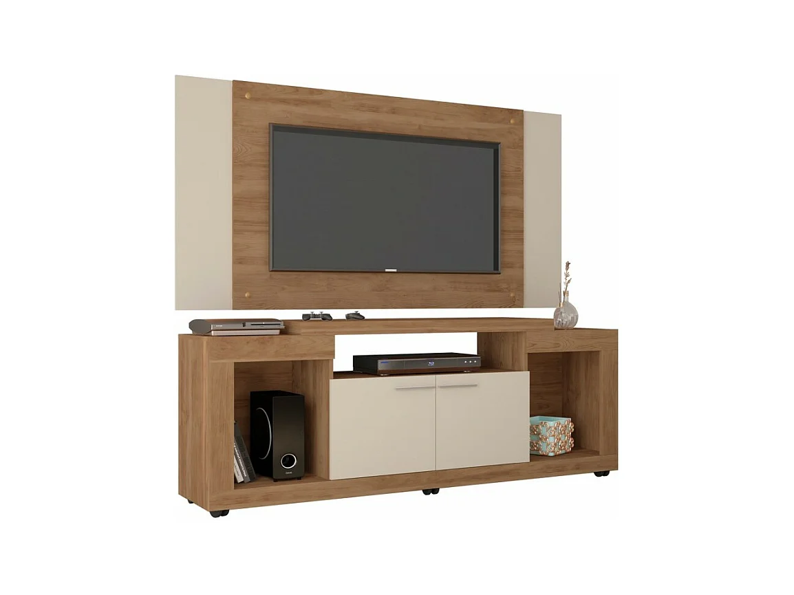 Meuble TV Mural 55 Pouces Chêne et Ecru 7 Niches L 173 H 160.5 P 38.5 cm