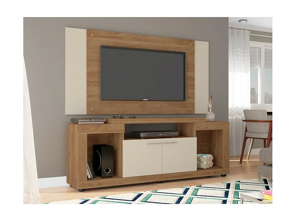 Meuble TV Mural 55 Pouces Chêne et Ecru 7 Niches L 173 H 160.5 P 38.5 cm