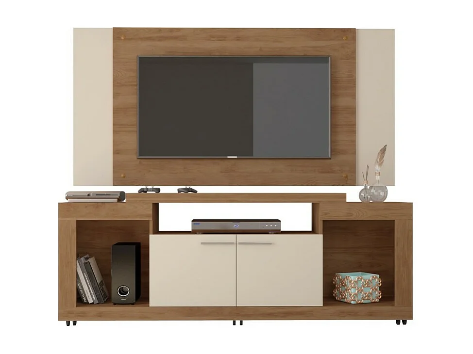 Meuble TV Mural 55 Pouces Chêne et Ecru 7 Niches L 173 H 160.5 P 38.5 cm